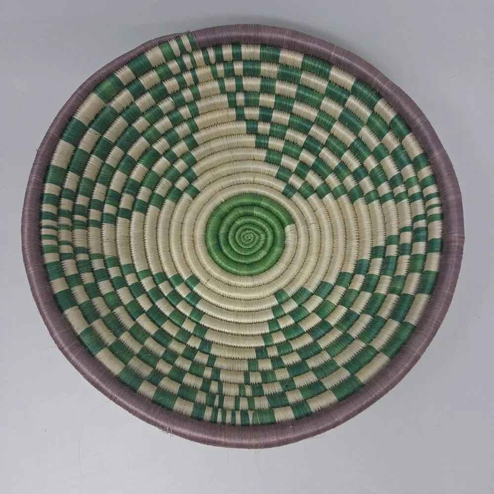 Vintage 11” Woven/Reed Coiled Basket Bowl Wall Green White African